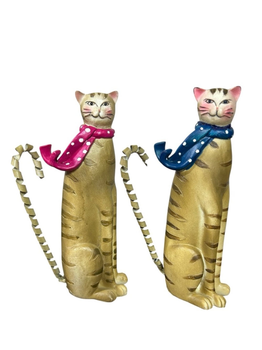 Vintage Set of 2 Hand painted Resin & Metal Curly Tail Striped Cats Figurines